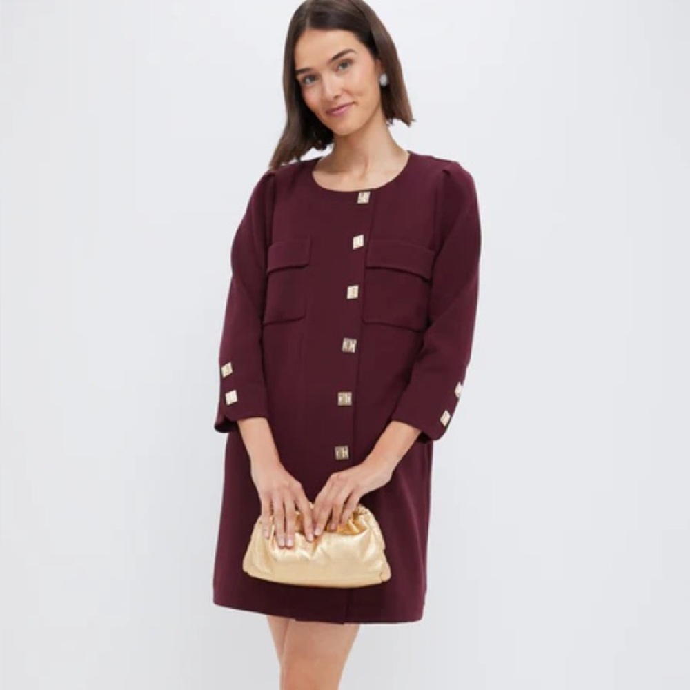Tuckernuck Wine Long-Sleeve Shift Dress with Gold Buttons